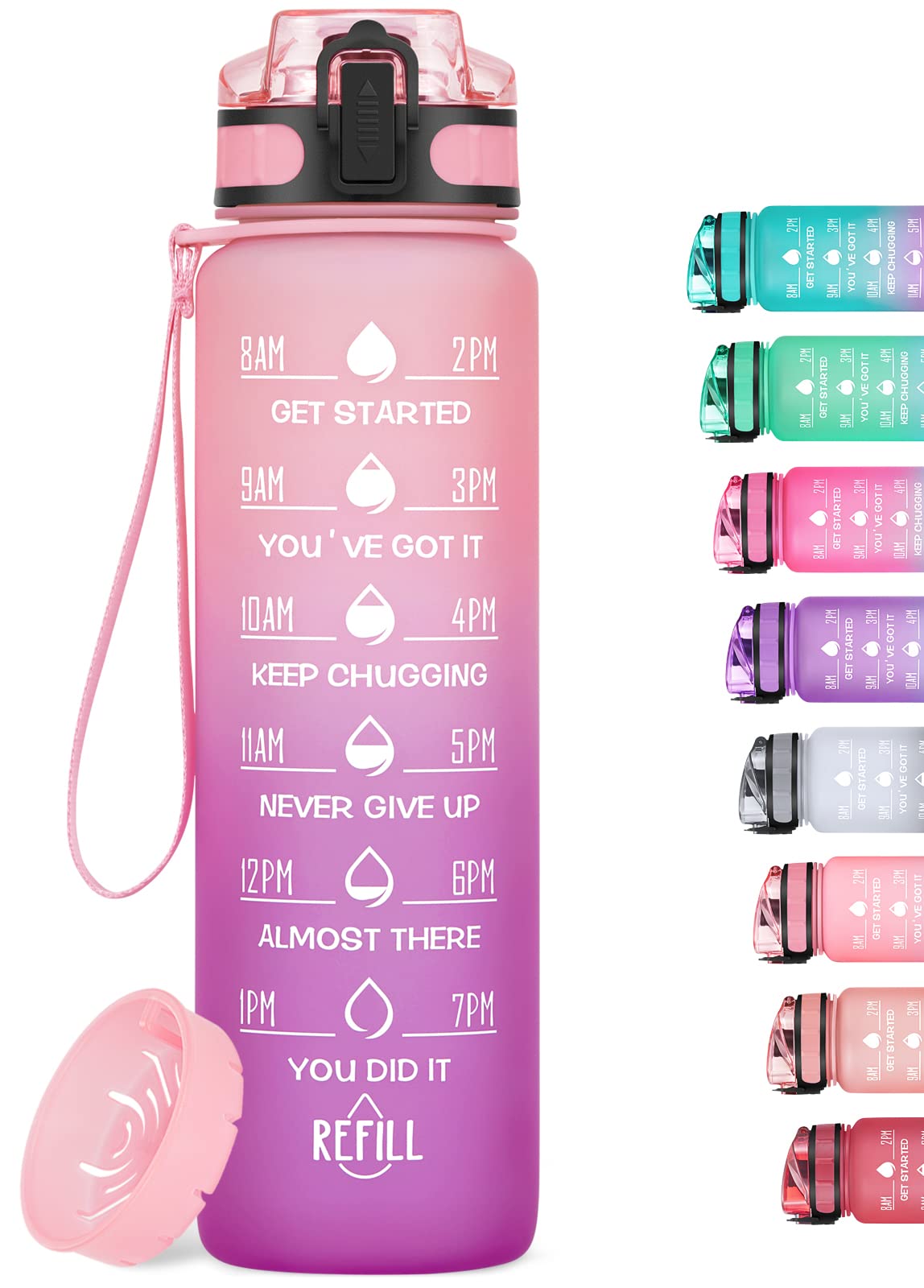 MEITAGIE 1000ml Motivational Water Bottle with Time Marker, Leak-proof BPA Free Tritan Drink Bottle with Fruit Strainer, Perfect for Fitness, Gym and Outdoor Sports