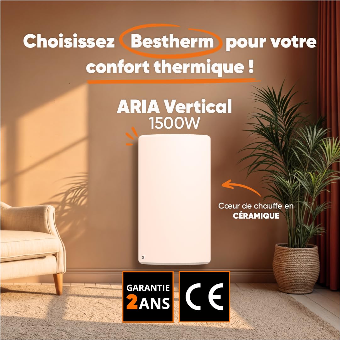 BESTHERM - Radiateur électrique fixe à inertie sèche céramique 1500W ARIA vertical blanc