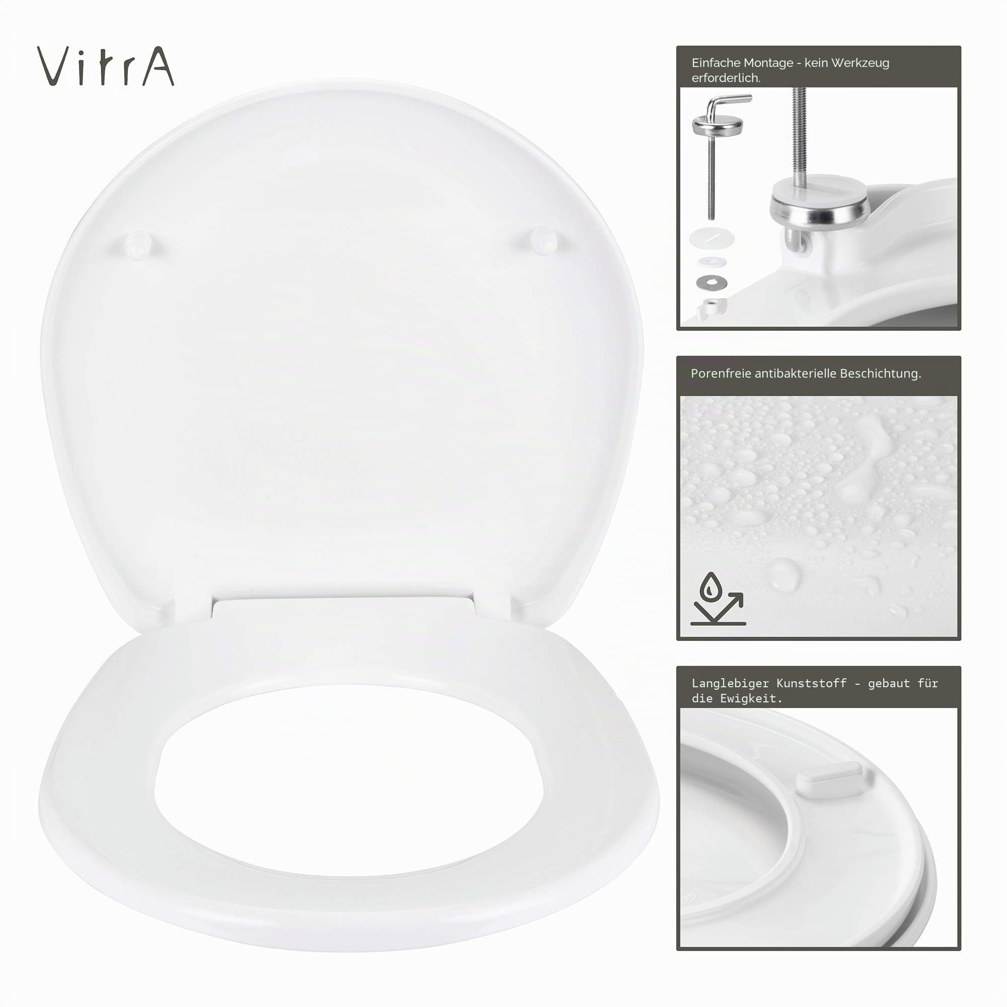 VitrA Normus Toilettendeckel, WC Sitz, einfache Reinigung, Weiß Toilettensitz mit Metall Scharniere – 23-003-001