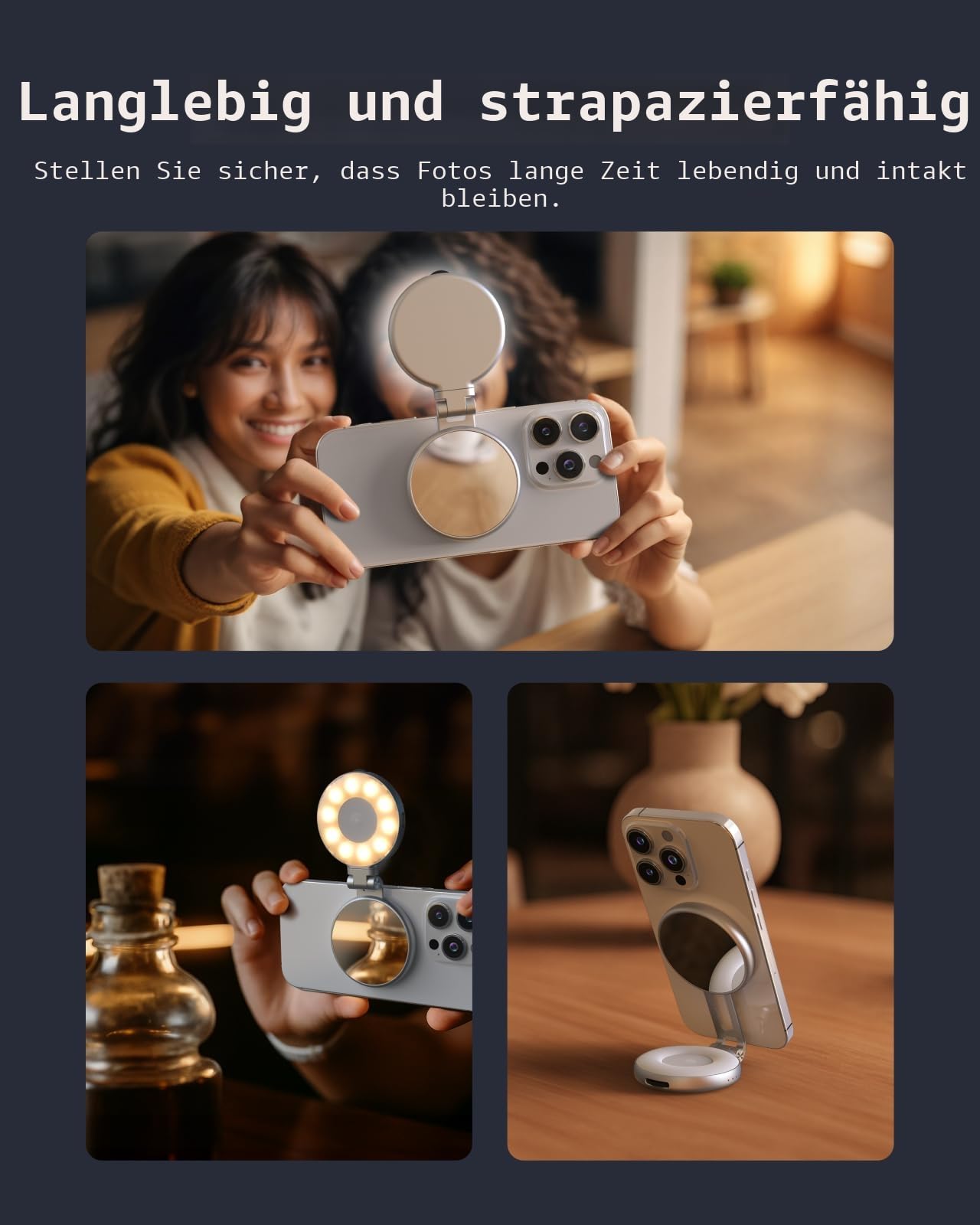 TELESIN C03 Magnetische Selfie-Licht, 3-in-1 Magnetische Selfie Licht Kompatibel mit Magsafe, CRI97 360° LED Handy-Licht mit Spiegel für iPhone/Android, für Selfie/Fotografie/TikTok/Zoom Anrufe/Video