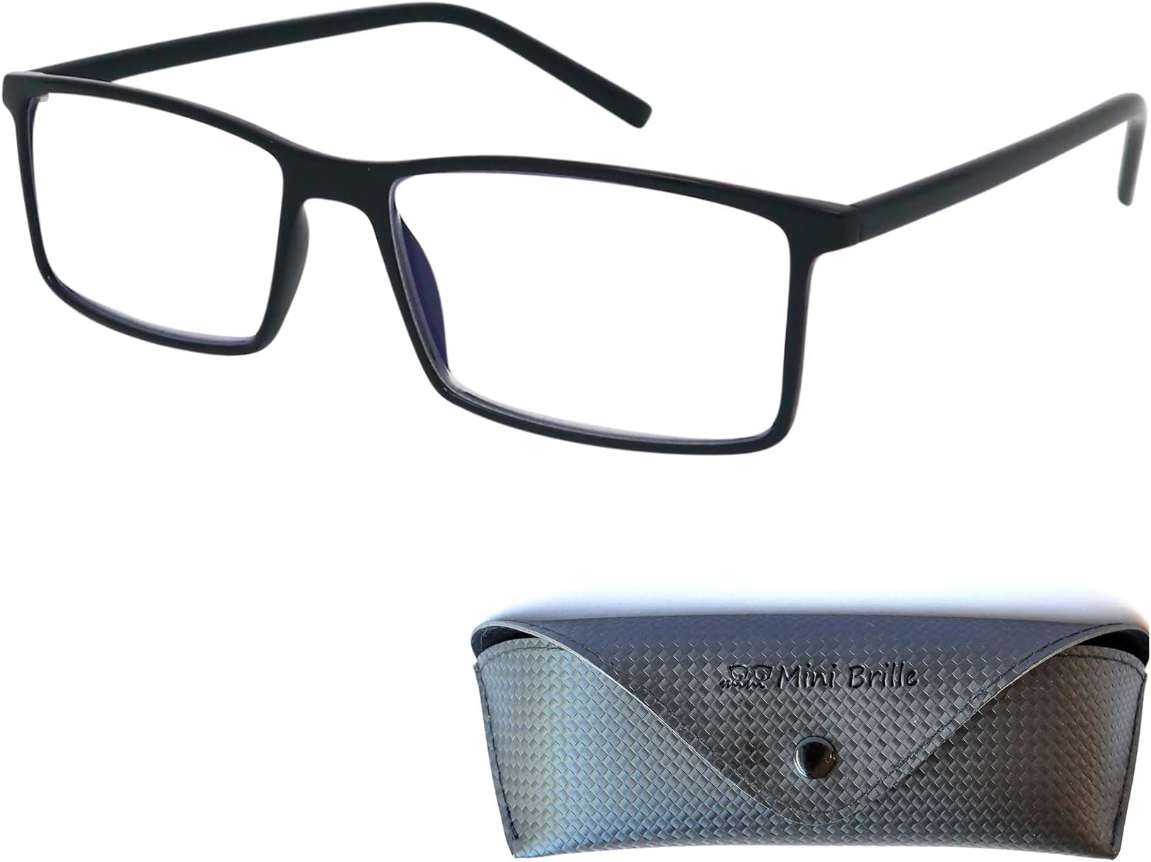 Mini Brille Classic Nerd Reading Glasses with Large Rectangle Lens, Including FREE Case, TR90 Frame (Black), Ladies and Mens Reading Glasses