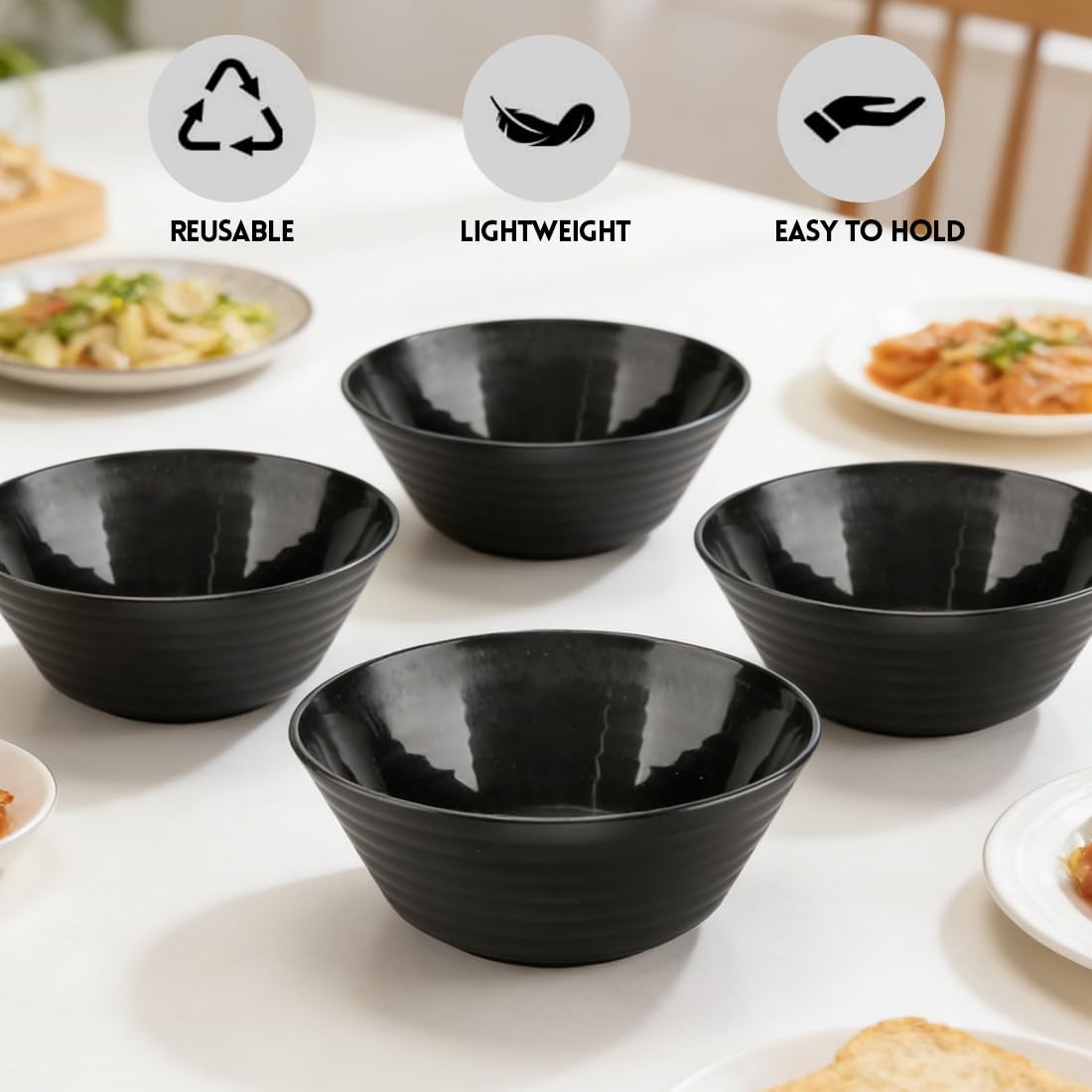 Ciotole Grandi Nere 4 Pezzi 1200ml, 20cm, Infrangibili e Leggere, Senza BPA, Ciotole Multiuso per Insalata Zuppa Cereali Dessert, Adatte a Microonde e Lavastoviglie, Cucina Famiglia Uso Quotidiano