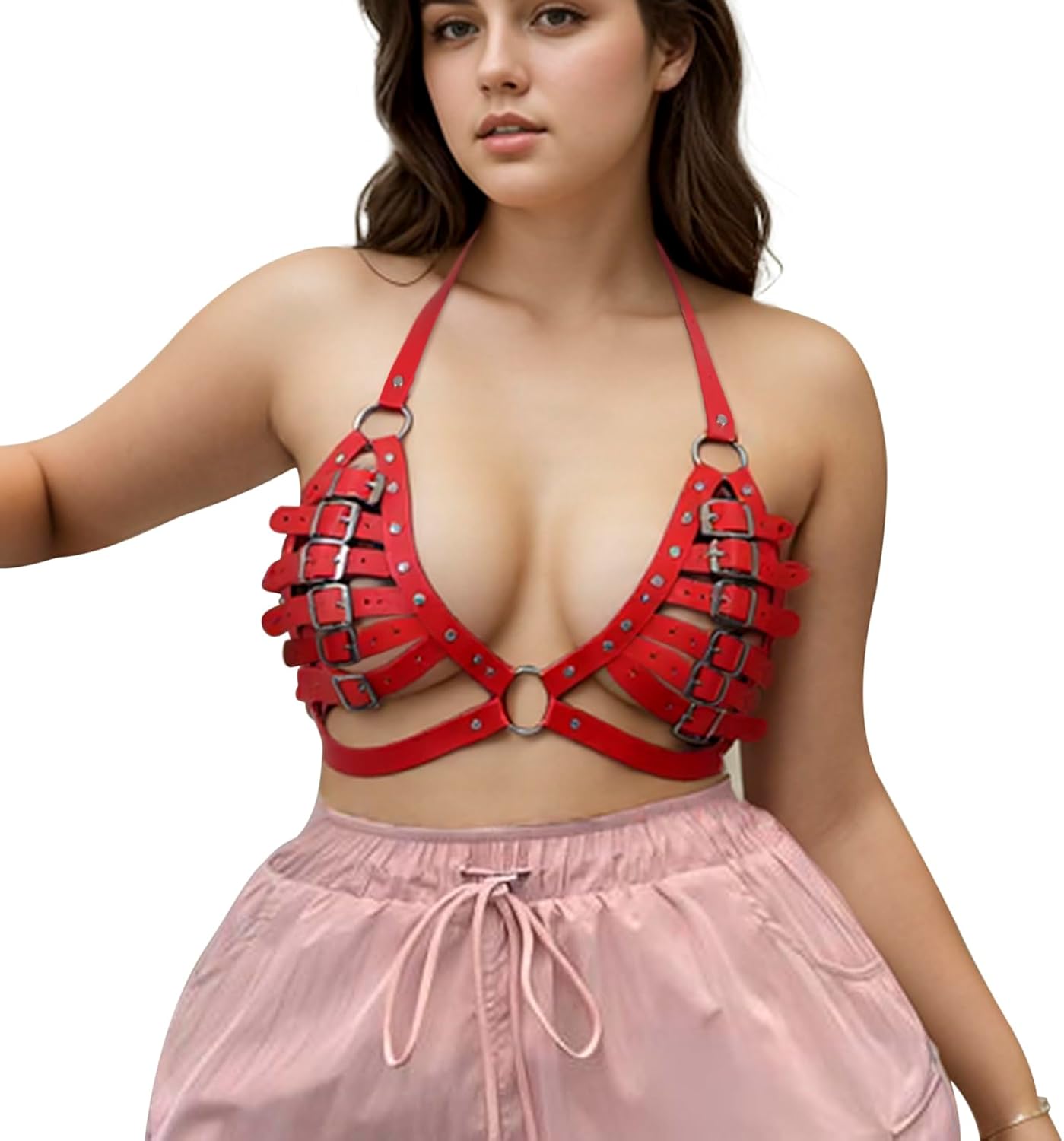 JIAHG Women’s Adjustable PU Leather Hollow Out Cupless Punk Lingerie Bra Gothic Chest Harness Belt Sexy Body Accessories