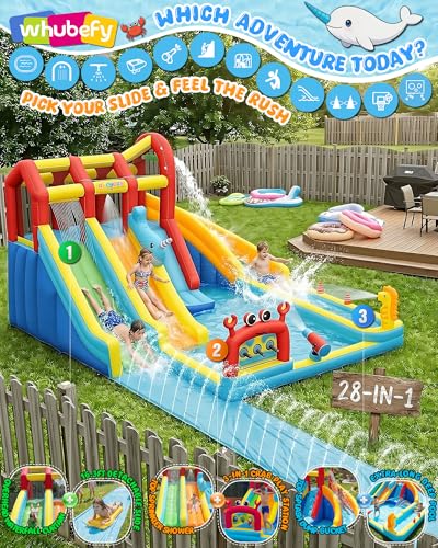 Whubefy 25.6ft Triple Ocean Splash Inflatable Water Slide Park, 16.3ft Detachable PVC Sprinkler Slide wth Bodyboards, Dump Bucket, Crab Ring Toss & Target Toss Station, Deep Pool for Kids Backyard Fun