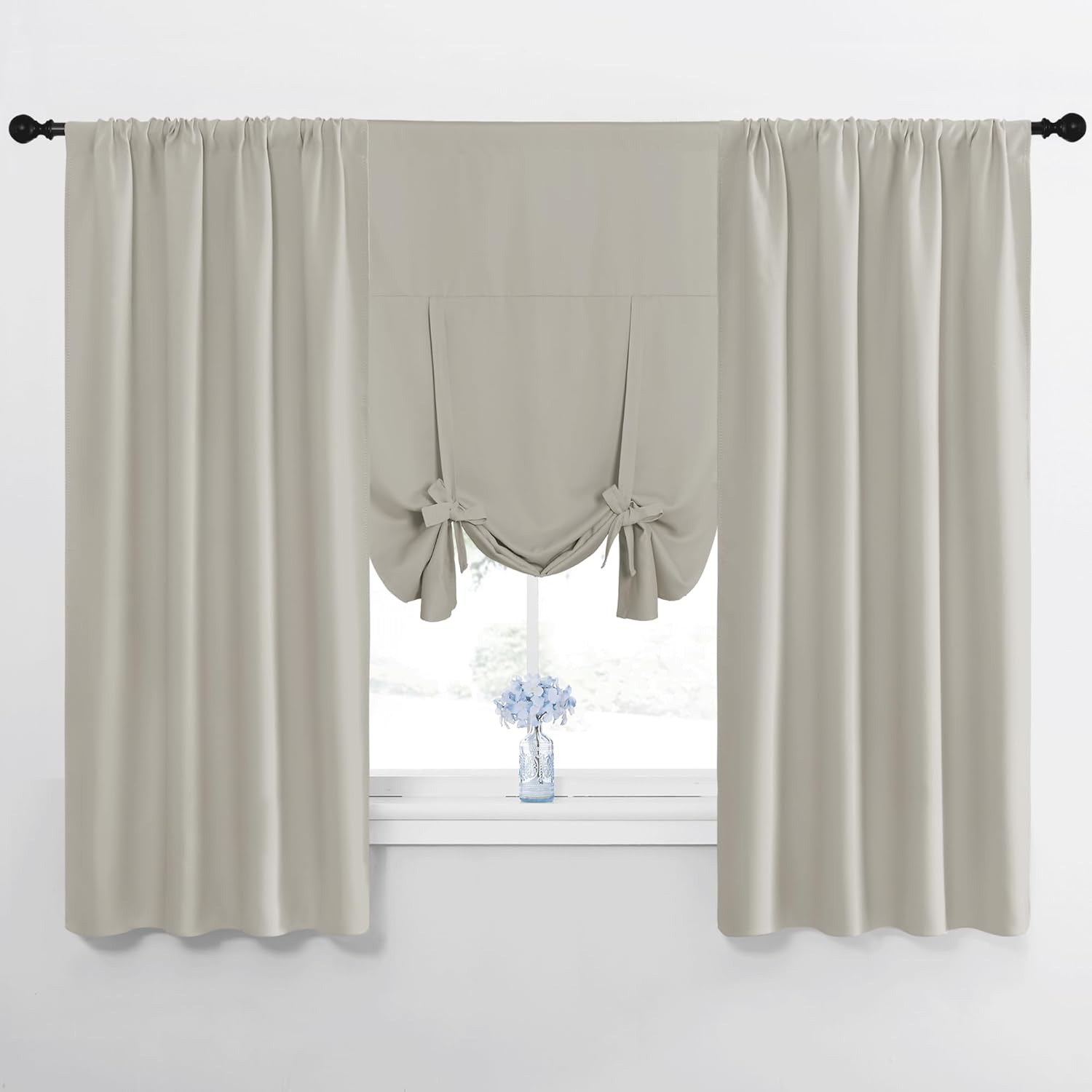 NICETOWN 1 Panel 34" x 45" Tie up Curtain with 2 Panles 34" x 63" Rod Pocket Blackout Curtains for Living Room Thermal Insulated Window Shade for Bedroom, Natural