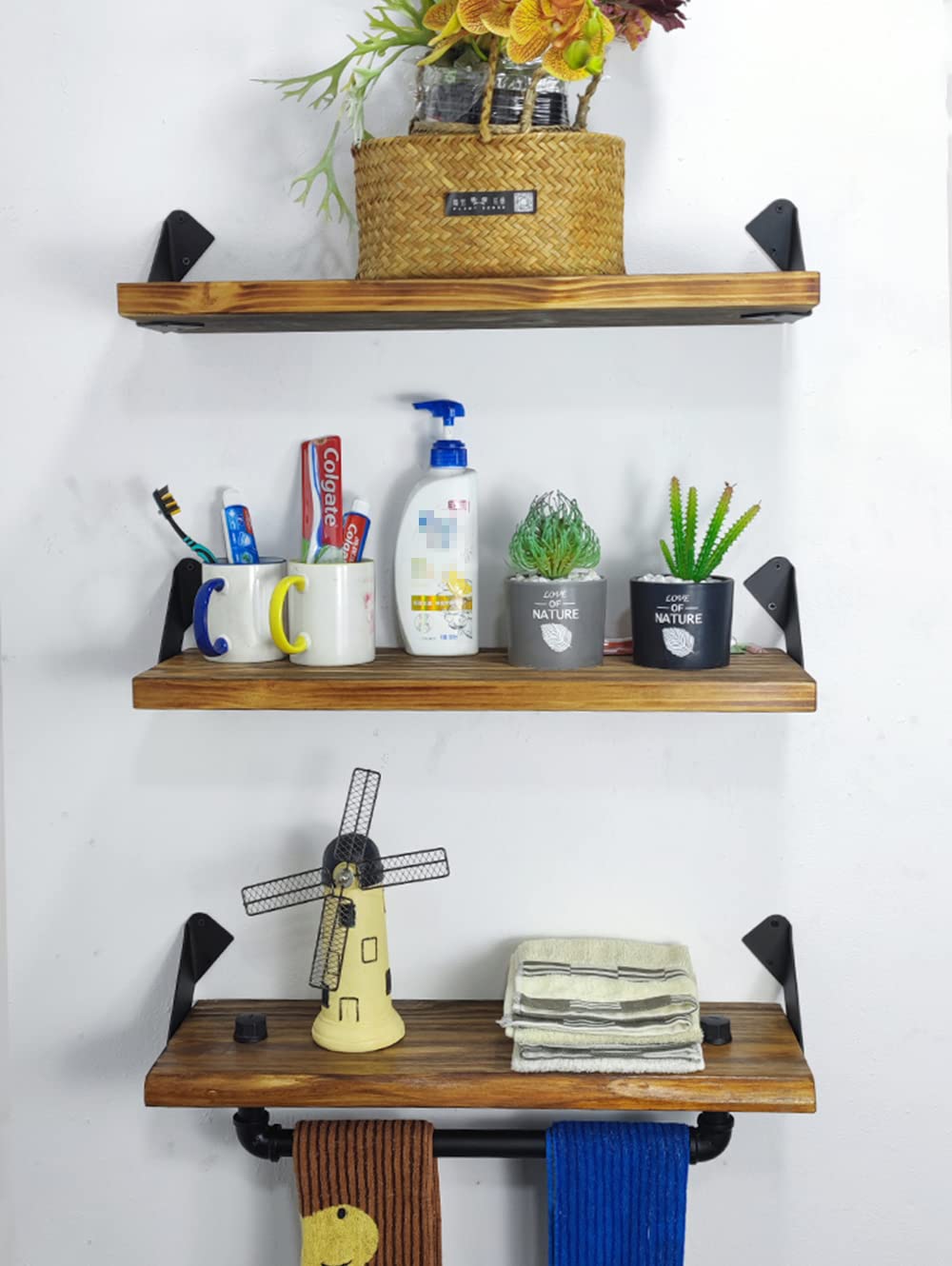 Buy Industrial Pipe Shelving,Bathroom Shelf with Towel Bar Set of 3,24