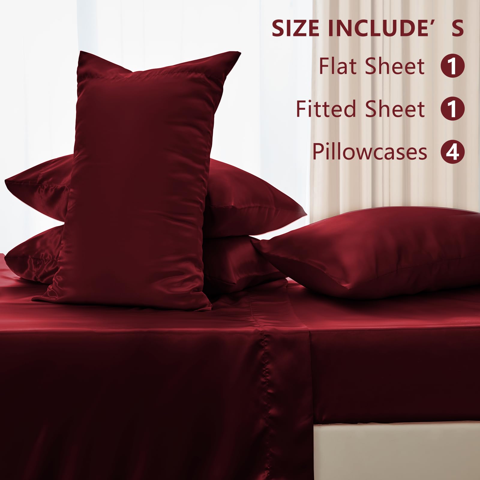 CozyLux Satin Sheets Queen Size Bed Set - 4 Piece Silky Queen Sheet Set, Luxury Sheets with Smooth and Soft Microfiber, Includes 1 Fitted Sheet, 1 Flat Sheet and 2 Pillowcases: Burgundy Queen(6Pc)