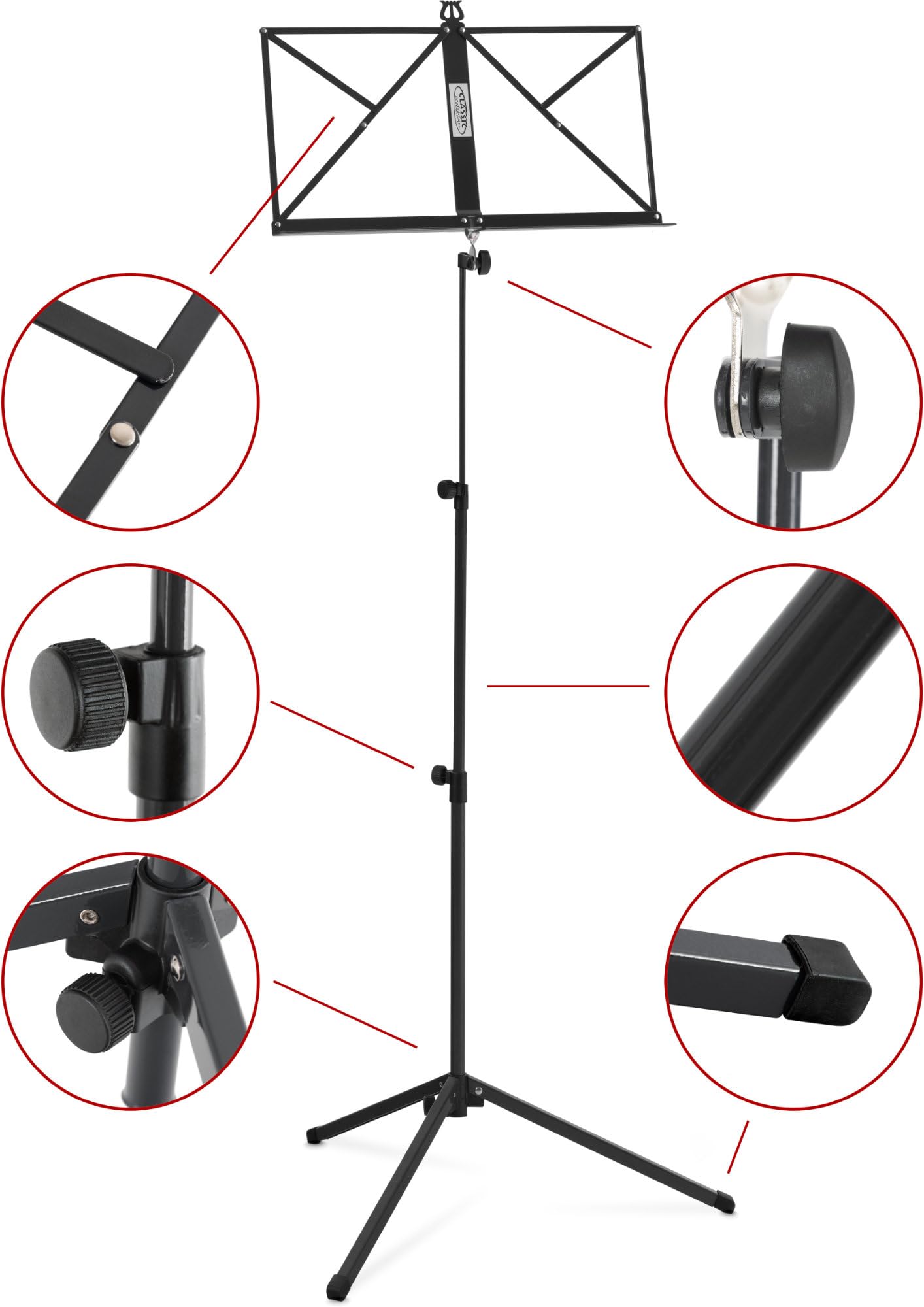 Classic Cantabile Notenständer Medium 10x Set - mittelschwere Ausführung - robuste Klemmschrauben - mit Haltebügel an der Auflageflächen - rutschfeste Gummifüße - Aufstellhöhe: 65-130 cm - Schwarz