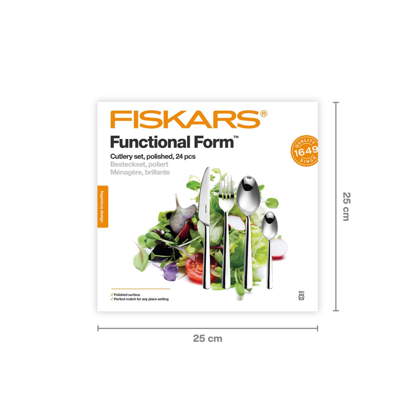 Fiskars Besteck-Set, 24-teilig, Functional Form, 6 Messer, 6 Gabeln | 6 Löffel und 6 Teelöffel, Edelstahl 18/10, Silber/Poliert, Geschenkbox, 1071623