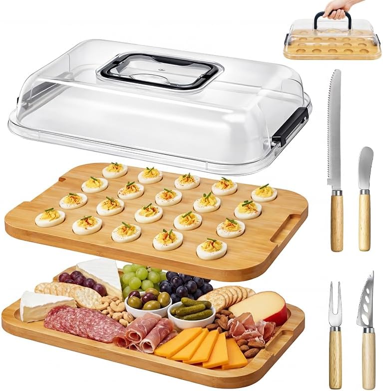 2 Pack Party 2-in-1 Wooden Deviled Egg Tray with Lid, Reversible Charcuterie Board Serving Platter Set, 20 Egg Holder & Cheese Deli Trays, Includes 8 Wood Handle Butter Tools (2)