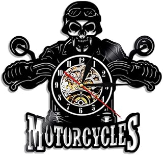 Motocyclette Crâne Disque Vinyle Horloge Murale Avec Illumination Led Moto Motard Crâne Tenture Murale Décorative Aucune Lumière Led 12 Pouces