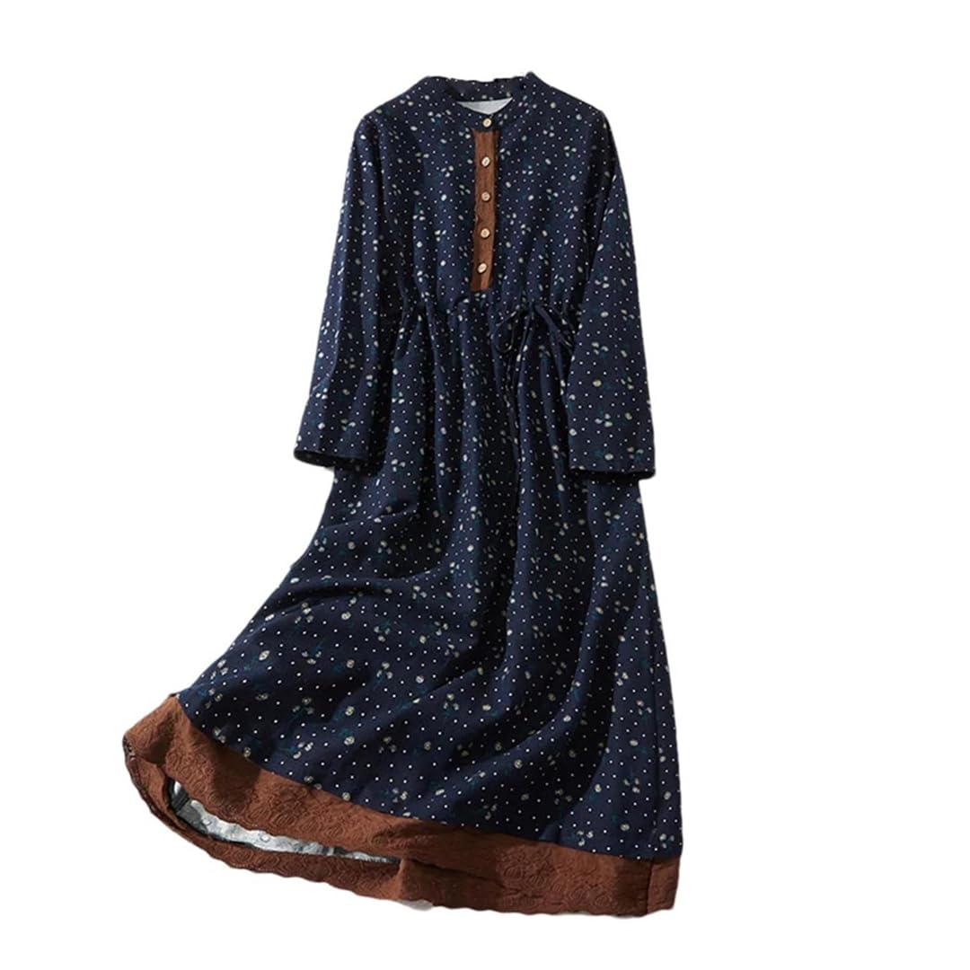 Vestido de retazos con estampado floral para mujer, de manga larga, cuello redondo, con cordón, casual, vestido midi, azul oscuro, XXL