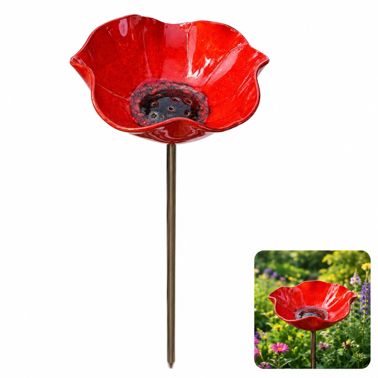 Poppy Bird Bath for Garden, Flower Bird Feeder (Red)