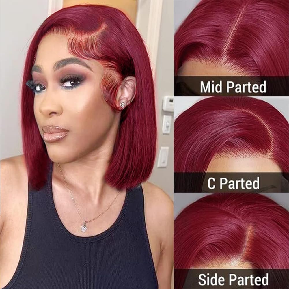 Burgundy Bob Wigs Human Hair Red Short Bob Wig 99J 13x4 Lace Front Wigs Human Hair Pre Plucked with Baby Hair for Women Wine Glueless Bob Wigs Bleached Knots Natural Hairline 12 Inch 180% Density