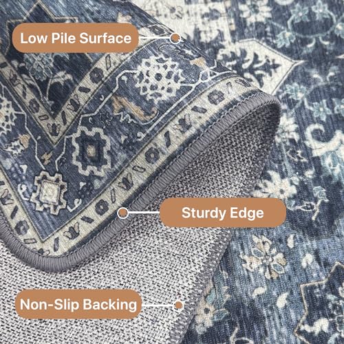 GENIMO 2x6 Runner Rugs for Hallway, Machine Washable Non Slip Vintage Rugs, Low Pile Lightweight Soft Print Rug for enrtyway, Corridor, Home Office, Kitchen, Center Blue