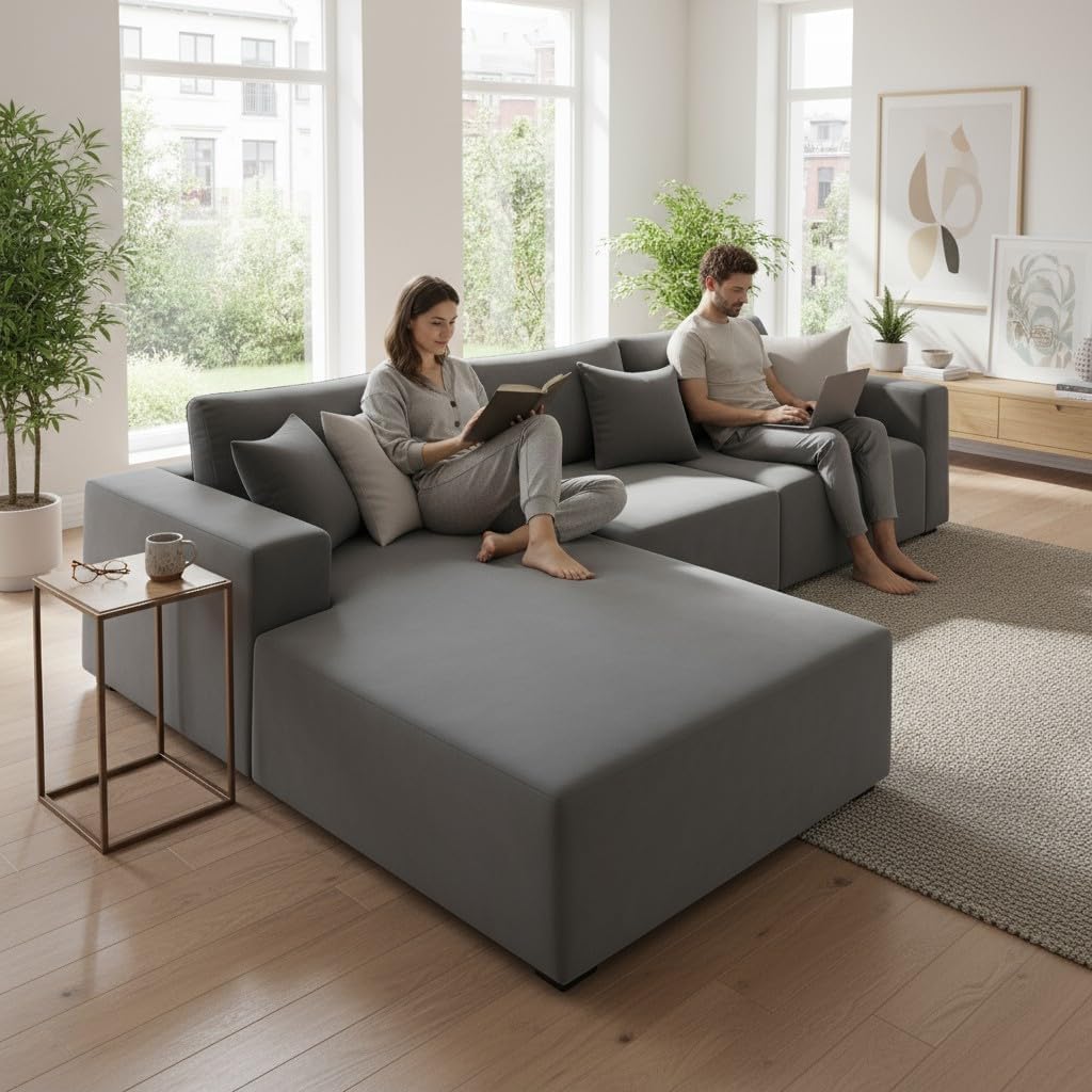 FURNY Minta 4 Seater Sectional LHS L Shape Sofa Set (Dark Grey Color) with Velvet Fabric