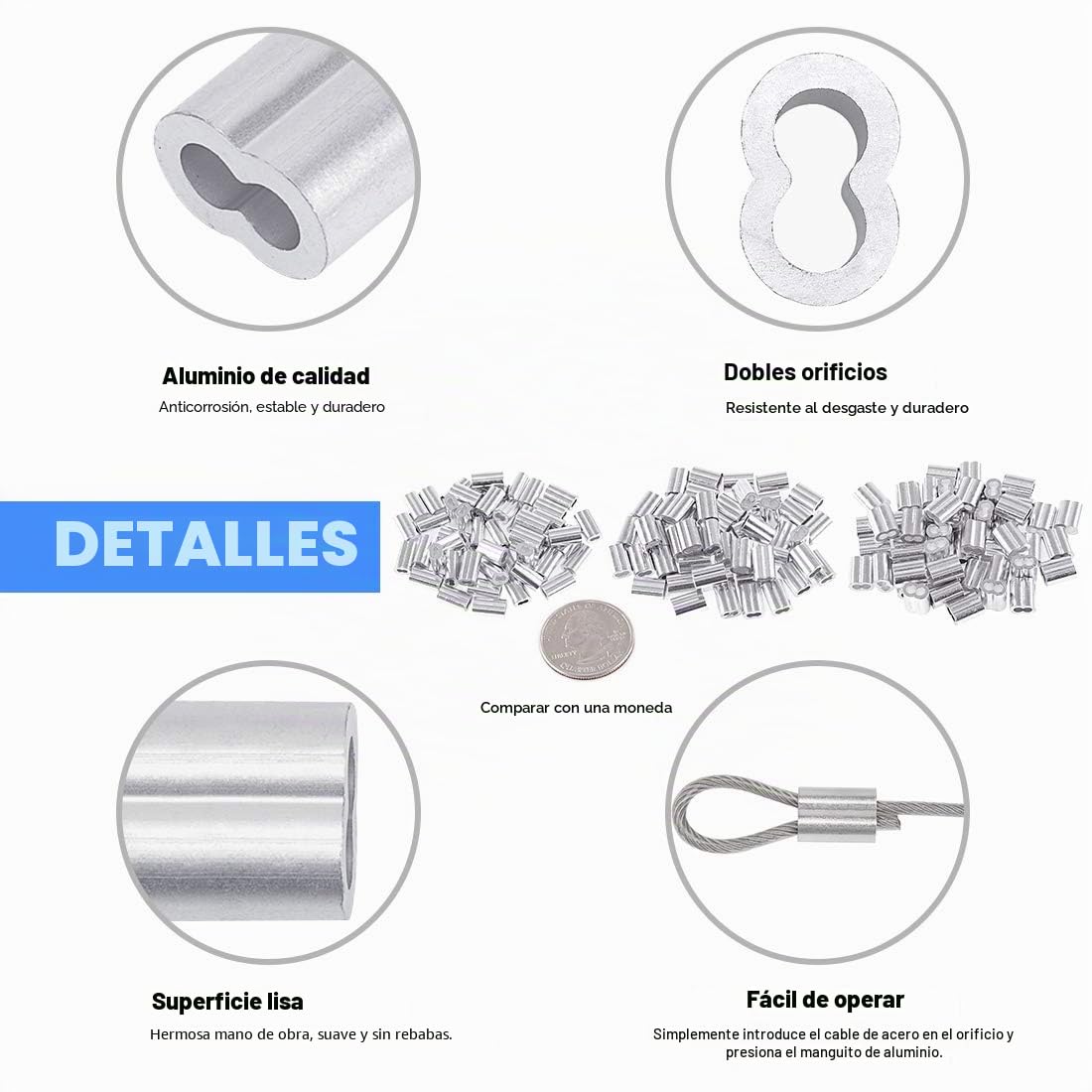 Glarks Crimpadora de cable de alambre, hasta 2,2 mm, 150 unidades, 3 tamaños, aluminio de doble manguito
