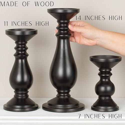 Miniatura 4 de Factory Direct Craft Juego de 3 portavelas de madera negra, soporte para velas de pilar para decoración diaria del hogar y ocasiones especiales (7,
