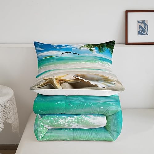 Miniatura 6 de Erosebridal Juego de edredón con temática oceánica, juego de ropa de cama hawaiana de playa, tamaño individual, conchas y estrellas de mar, relleno