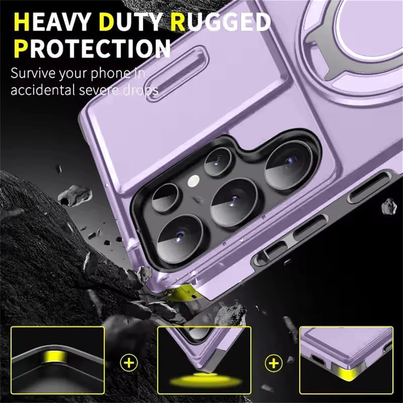 Image of LuxuryKase Shockproof Rugged Case for Samsung Galaxy S24 Ultra | Slide Camera Cover | 360 Rotating Ring Kickstand | Military-Grade Protection - Lavender Purple