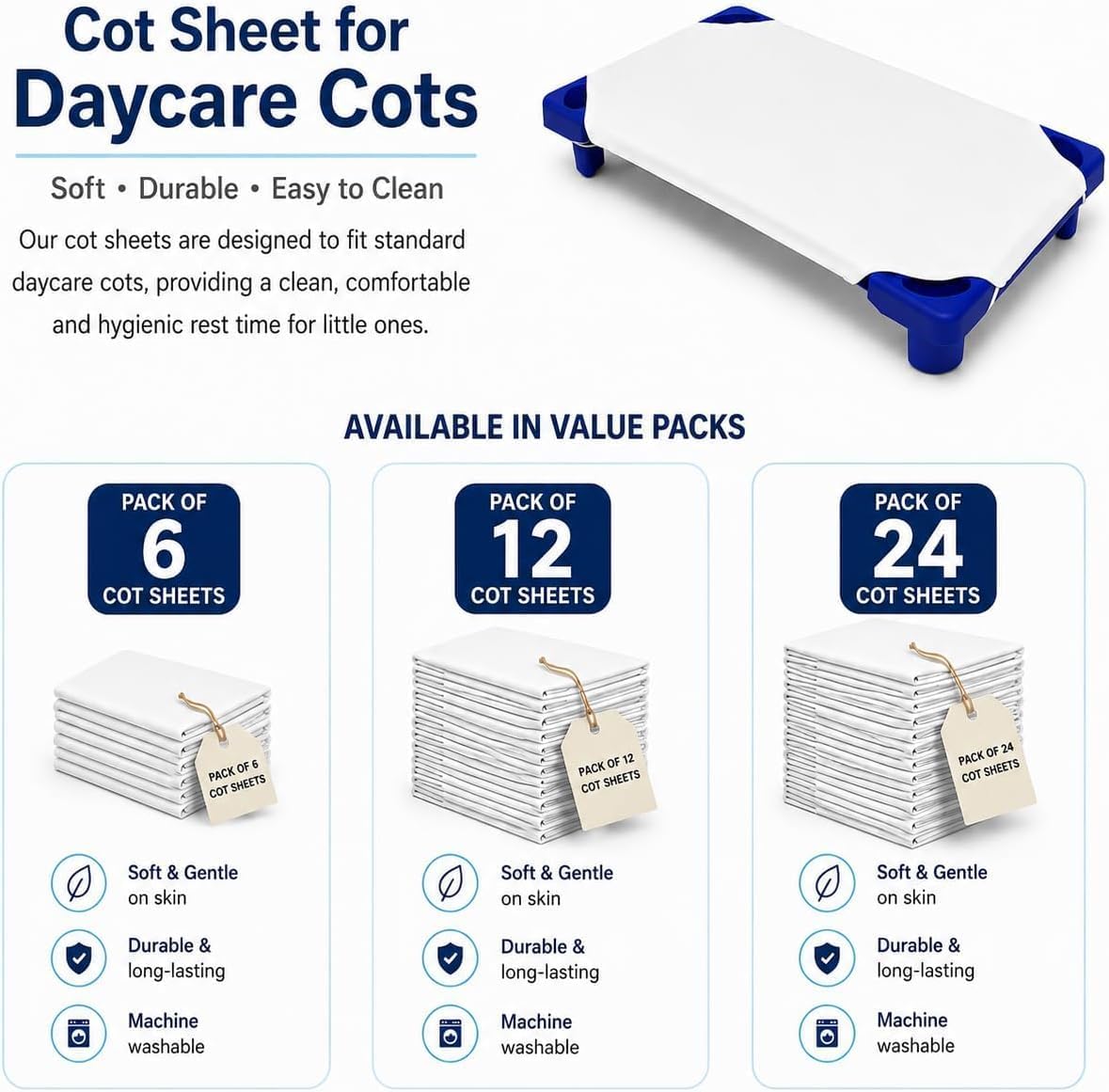 Cot Sheets for Toddler and Preschool - Daycare/Pre-School Cot Sheet - Corner Elastic Loops - Cot Bed Fitted Sheet - Poly Cotton Surface Pack of 24 (22" X 40) - Daycare Sheets 22 X 40 Inch Light Blue