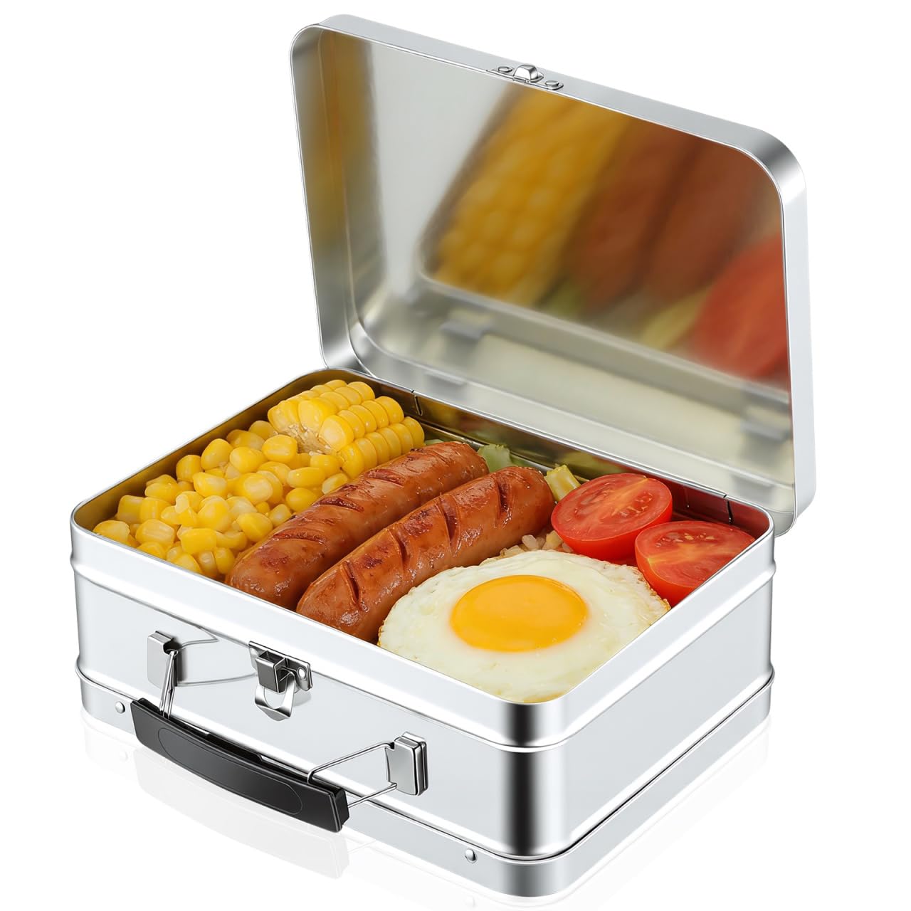 Cabilock Retro Metal Lunch Box with Handle, Silver Tin Container with Locking Lid, Portable Snack Food Storage for Packed Lunch, Picnic, Office, School, Crafts and Keepsakes