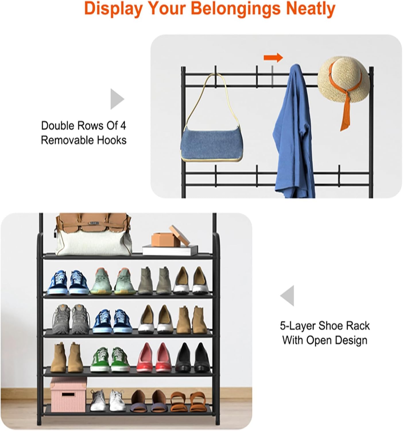 KOCASO 5-Tier Entryway Coat Rack Hat Rack, Entryway Shoe Rack With 4 Removable Hooks & 5-Tier Shelves, Freestanding Hall Tree Garment Hanger for Clothes Shoe Hat Bag for Entryway Bedroom Closet, Black