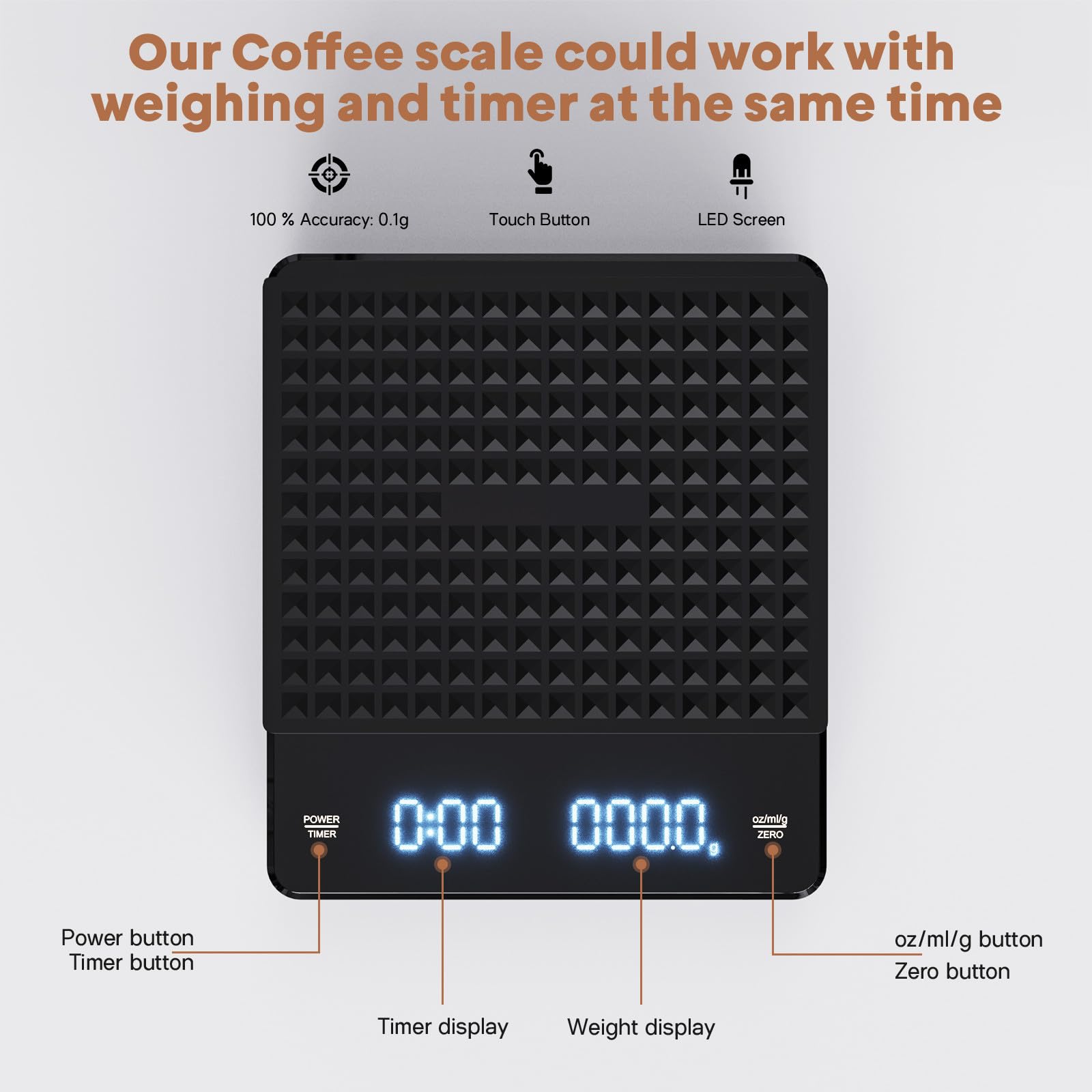 Uonlytech Bilancia Digitale per Caffè Espresso con Timer, Precisione 0,1g Capacità 5000g, Spegnimento Automatico, per Cucina e Preparazione Caffè