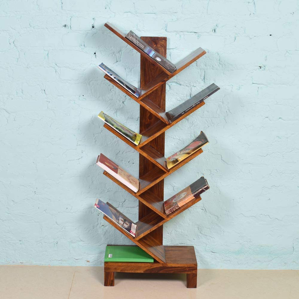 Eagle Furniture Solid Sheesham Wood Book Shelf | Wooden Tree Shape Bookshelf | Free Standing Bookcase with Open 9 Shelves Storage | Tall Display Unit Book Stand | Honey Finish