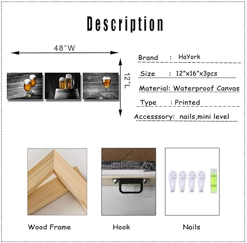 Miniatura 5 de Derkymo Arte de pared en blanco y negro de 12 x 16 x 3 piezas, imágenes de cerveza impresas en lienzo, pintura de pared de cocina, decoración