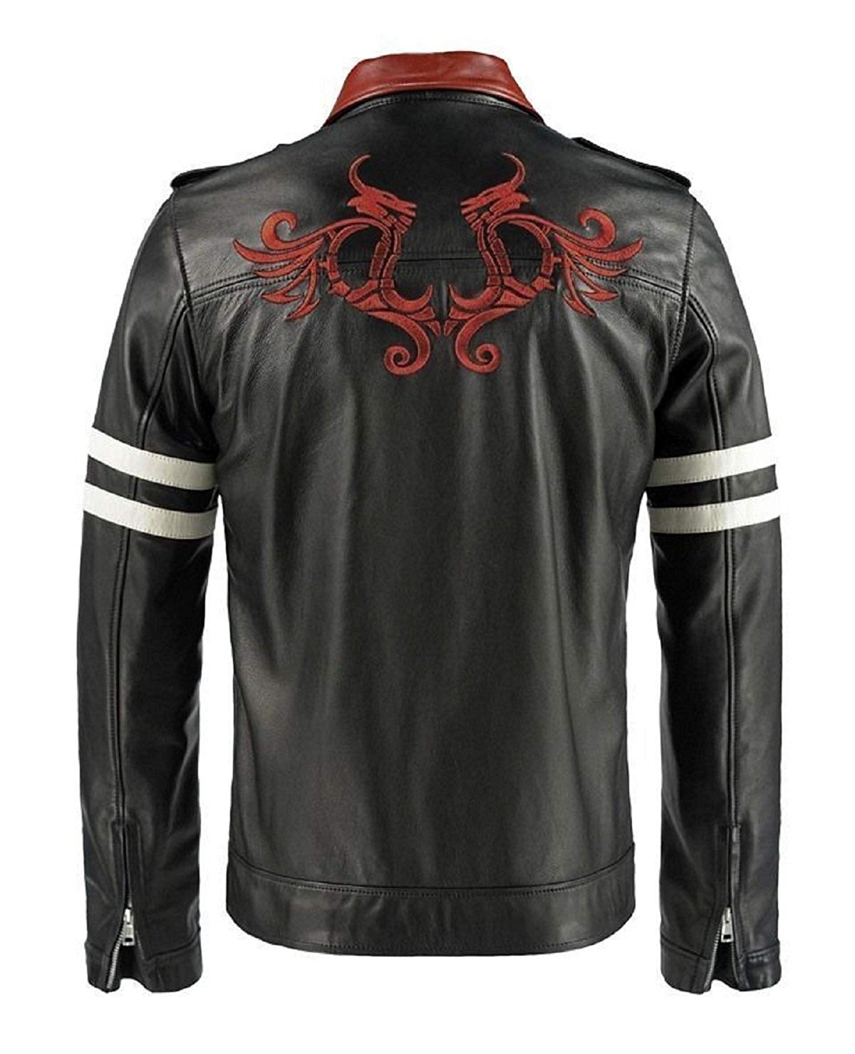 SpazeUpMen's Black Leather Gaming Jacket – Red Collar Video Game Cosplay Outfit for Halloween