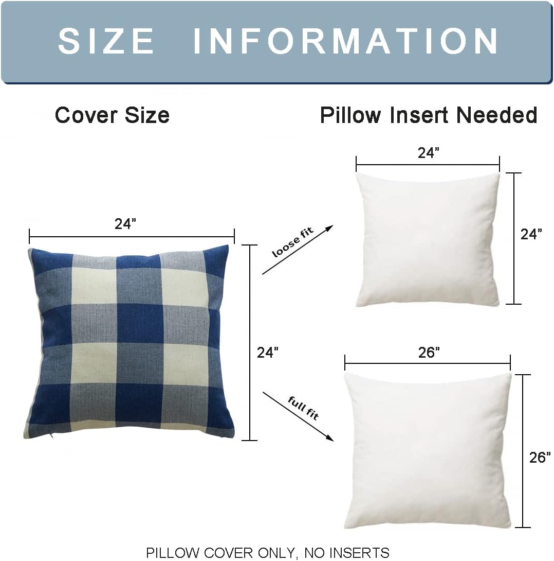 HOPLEE 24x24 Navy Blue Buffalo Plaid Pillow Covers Set of 2, Decorative, Home, Coffee Shop, Car, Spring/Summer