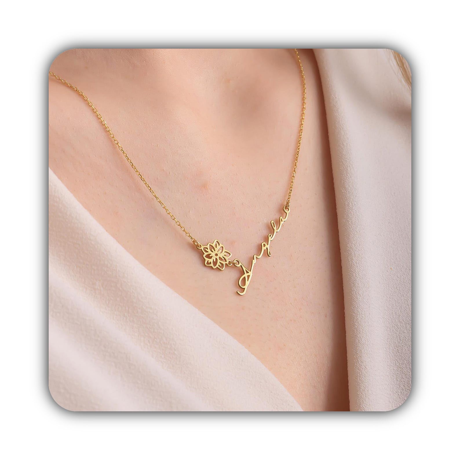 Personalizzato fiore di nascita collana con nome, su misura mese di nascita fiore di ciondolo argento sterling
