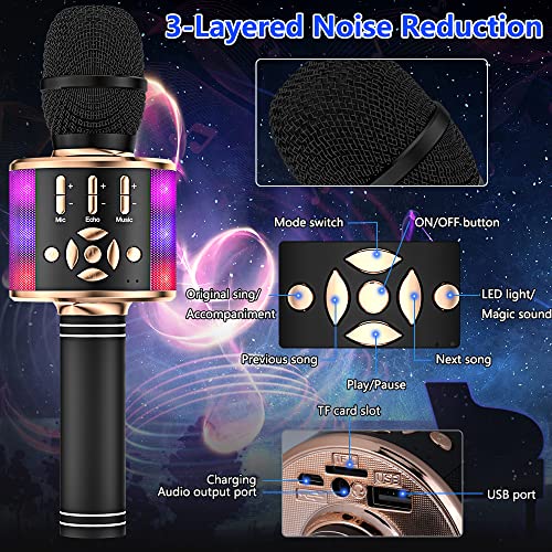 Image of Amazmic Kids Karaoke Microphone Machine Toy Bluetooth Microphone Portable Wireless Karaoke Machine Handheld with LED Lights, Gift for Children Adults Birthday Party, Home KTV(Black Gold)