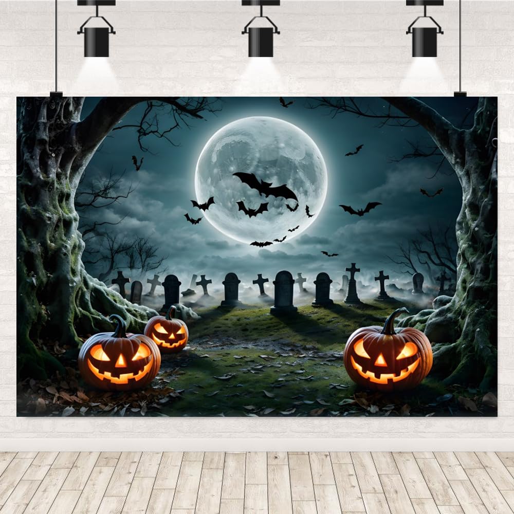 Halloween Cemetery Backdrop 15x8ft - Haunted House Photography Background With Full Moon