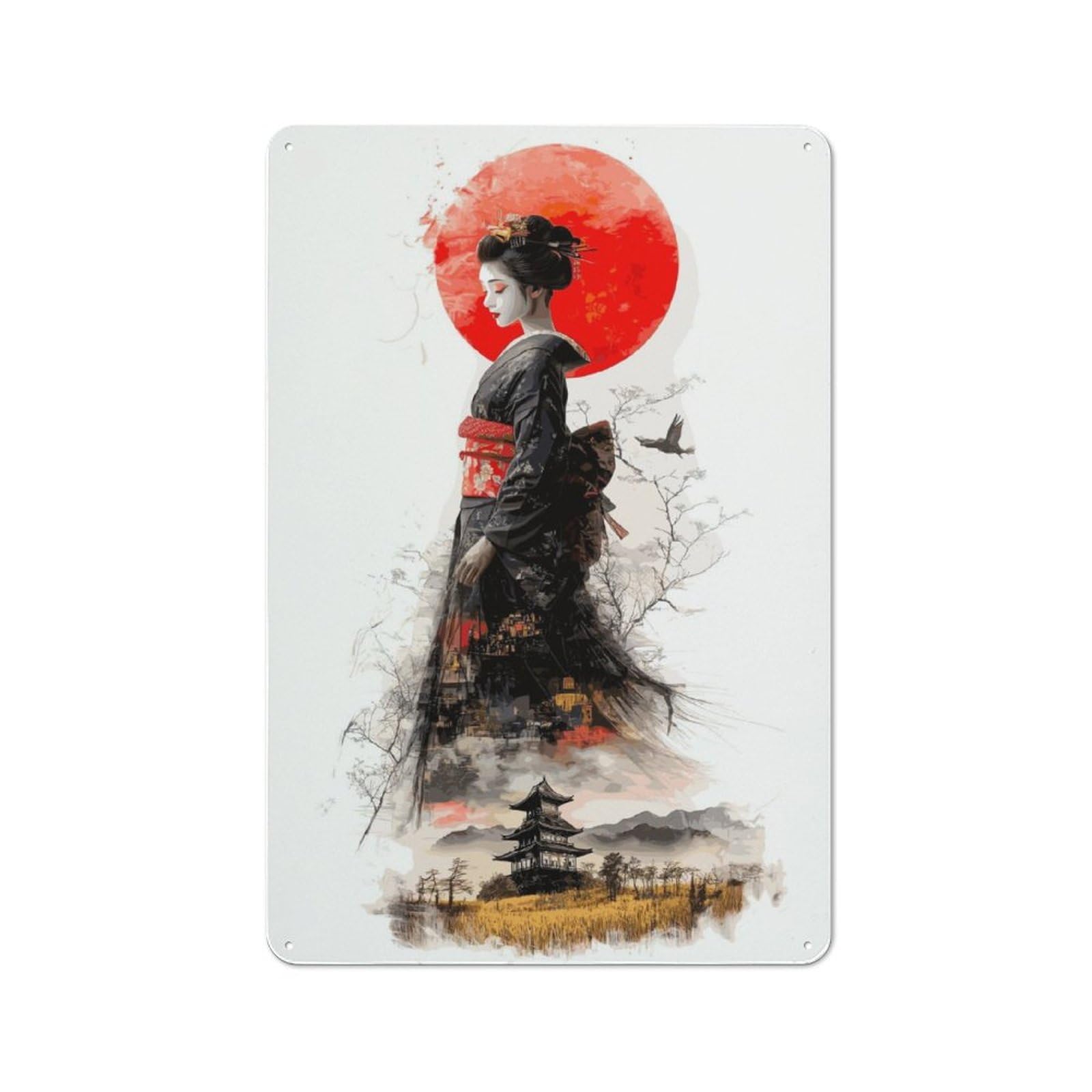 Junmoney Geisha Japan Art For Lounge Or Reading Corner, Rustic Tin Sign 30X20cm, For An Autumn Update To Lounge And Reading Corner