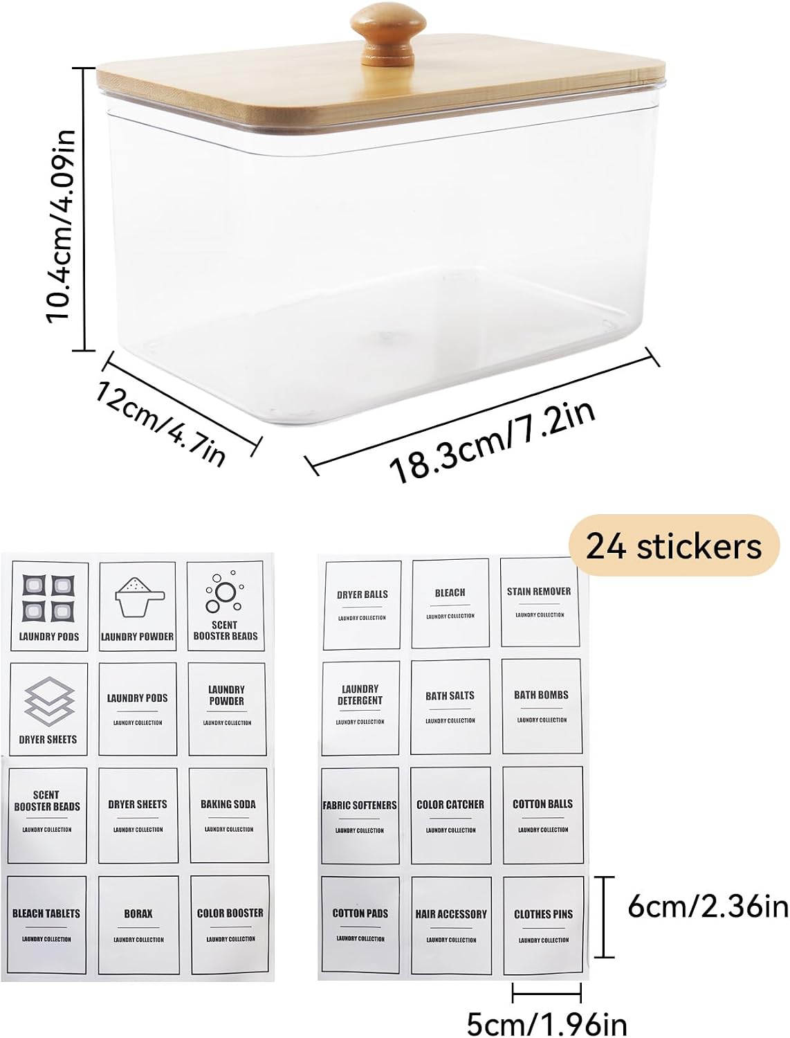 Klmnop Acrylic Dryer Sheet Holder with Bamboo Lid, Laundry Dryer Sheet Dispenser and Container with 24 Labels for Laundry Room(Clear)