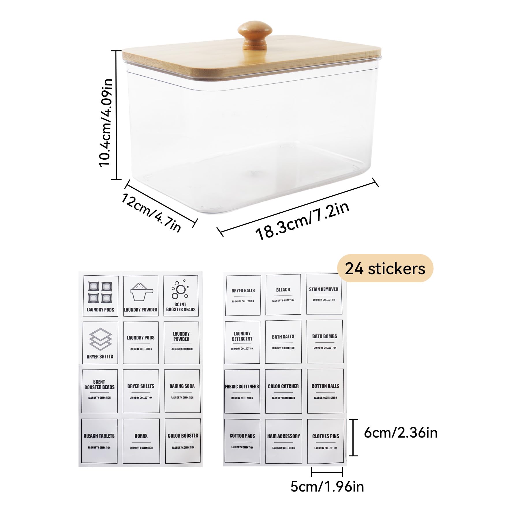 Klmnop Acrylic Dryer Sheet Holder with Bamboo Lid, Laundry Dryer Sheet Dispenser and Container with 24 Labels for Laundry Room(Clear)