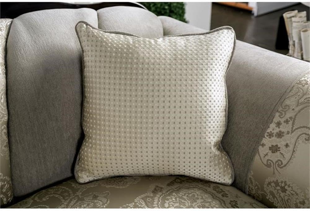 Pemberly Row Traditional Chenille Upholstered Loveseat, 70" W x 36" D x 40" H, Ivory and Espresso Finish, Solid Wood Trim, Rolled Arms, Bun Feet, Accent Pillows, Bedroom or Living Room Seating