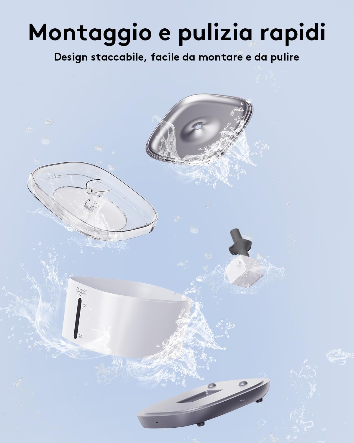 EUGAD Fontanella per Gatti Senza Fili, 2.5L Fontanella per Gatti Cani con Sensore, Distributore Acqua Gatti Acciaio Inox 304, 30dB Ultra Silenzioso,Filtraggio dei Peli Randagi,Batteria 5000 mAh