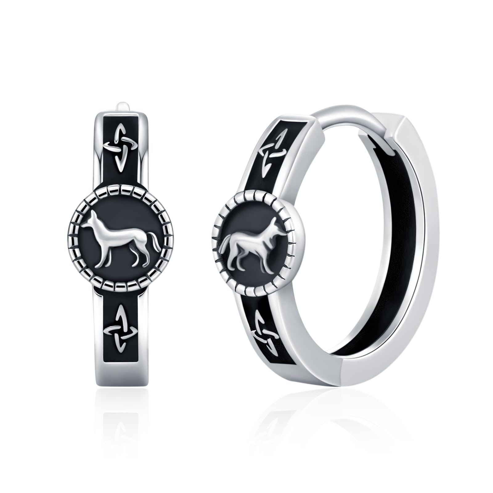 Wolf Earrings 925 Sterling Silver Viking Celtic Knot Hoop Huggie Earrings - Animal Wolf Jewelry Gift for Women & Men - Norse Wolf Design Hypoallergenic Earrings