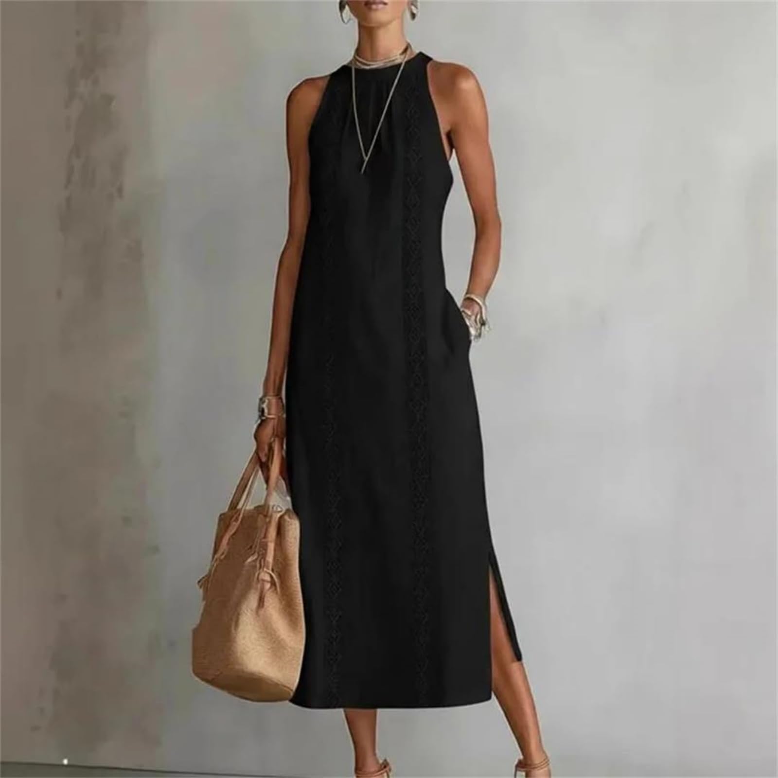 Generico Abiti Boho da Donna | Abito Estivo 2026 Senza Maniche con Collo all'Americana, Inserti in Pizzo e Tasche | Ideale per Vacanze e Tempo Libero