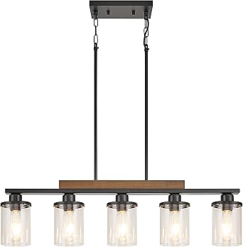 Dining Room Light Fixture,5-Light Kitchen Island Lighting Farmhouse Chandelier,Matte Black Metal Wood Industrial Pendant Lighting,Modern Dining Table Lights