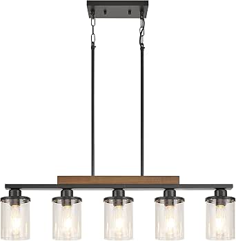 Lustre 5-Light, luminaire de salle à manger (Dining Room Light Fixture), style Farmhouse, en métal noir et bois pour îlot de cuisine (Black Metal and Wood Kitchen Island Light) avec abat-jour en verre (Glass Shade)