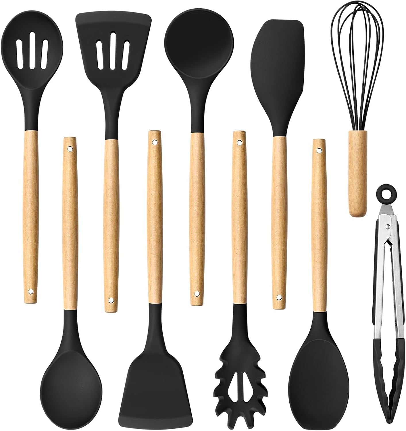 HaWare Silicone Cooking Utensils Set, 10-Piece Chef Kitchen Non-Stick Cookware with Wooden Handle, 450°F Heat Resistant – Black HaWare Silicone Cooking Utensils Set, 10-Piece Chef Kitchen Non-Stick Cookware with Wooden Handle, 450°F Heat Resistant – Black