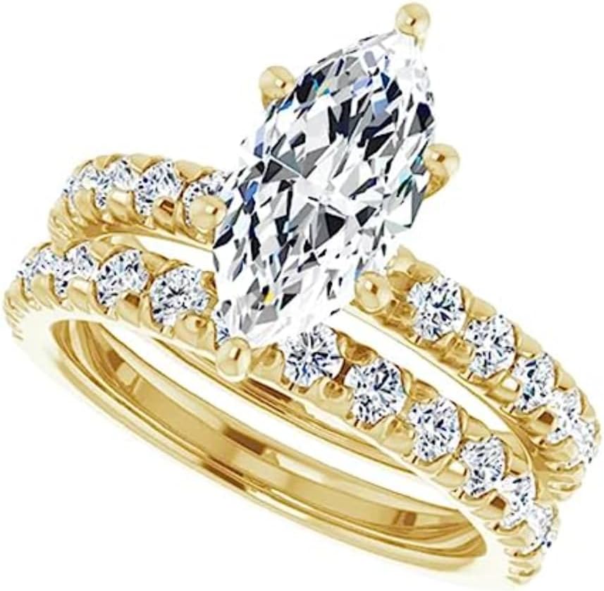 GOLDEN JEWEL Marquise Cut Moissanite Wedding Rings Set Colorless Solitaire Hidden Halo Bridal Engagement Rings Handmade Propose Gift for Her, 925 Silver/10K/14K/18K Gold