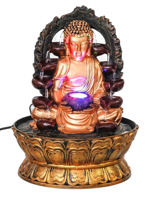 Image of Golden Brown Polyresin Tabletop Buddha Indoor Water Fountain for Home Decor with LED, Speed Control Pump (Size: 37 x 27 x 27 CM | Weight: 2185Gram)