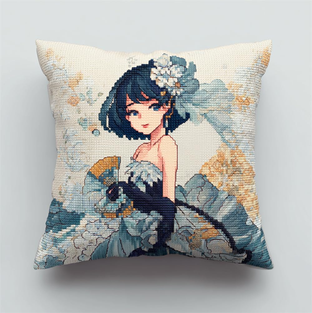 Hdfvlfdsa Cross Stitch Cushion Kit, Elegant Anime Lady 17.7X17.7In(45X45Cm) Cushion Back Included, Pre Printed Canvas, Stamped Cross Stitch Pillowcase Yarn and Needle Included Embroidery Needle Pillo