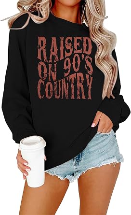 QLIPIN Raised on 90s Country Sweatshirt Women Country Concert Tops 90s Music Shirt Vintage Graphic Long Sleeve Pullover