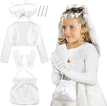 White Communion Dress Jacket for Girls Satin Cardigan with Flower Hair Accessory Communion Gloves Hairpin Bag for First Communion Wedding Parties, white, One size